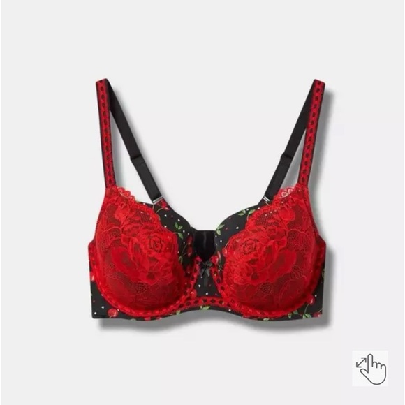 Torrid Cherry print bra 40C Perfect tee shirt red lace black underwire - Picture 3 of 8
